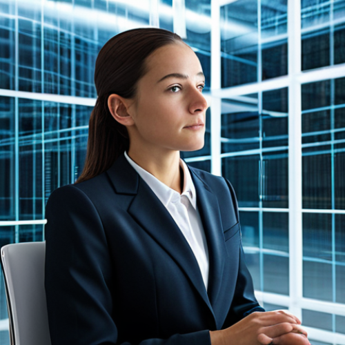 A professional woman in a modest business suit, sitting thoughtfully within a transparent, modern digital environment, surrounded by subtle, flowing data streams, symbolizing a 'glass house' of information and digital exposure. The setting is clean and high-tech but conveys a sense of subtle observation and a lack of privacy. Professional photography, high resolution, intricate details, soft lighting, fully clothed, appropriate attire, professional dress, perfect anatomy, correct proportions, natural pose, well-formed hands, proper finger count, natural body proportions, safe for work, appropriate content, professional.