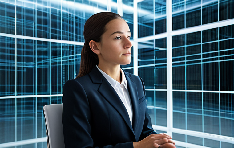 A professional woman in a modest business suit, sitting thoughtfully within a transparent, modern digital environment, surrounded by subtle, flowing data streams, symbolizing a 'glass house' of information and digital exposure. The setting is clean and high-tech but conveys a sense of subtle observation and a lack of privacy. Professional photography, high resolution, intricate details, soft lighting, fully clothed, appropriate attire, professional dress, perfect anatomy, correct proportions, natural pose, well-formed hands, proper finger count, natural body proportions, safe for work, appropriate content, professional.